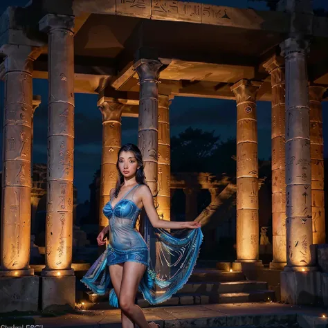 A beautiful woman in a sheer, flowing dress, seductive gaze and graceful movements, not shy, standing in front of an ancient Egyptian temple at night, beckoning the viewer to join her, highly detailed, 8K, photorealistic, dramatic lighting, vibrant colors,...