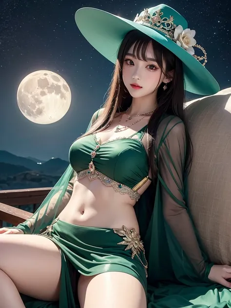 4K Ultra HD, masterpiece, A lovely girl, long hair, Princess hairstyle, Princess dress, Dark Green Crystal Dress, Bare belly, Lace, neckLace, Princess hat, Moon background,