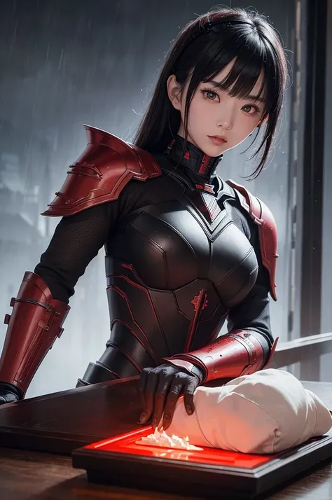 1 Japanese girl, War Armor, complex patterns, Heavy Metals, energy line, The Faceless, Glowing eyes, elegant, powerful, Blood red and black, Solitary, Modern, City, A City scape, dark clouds, thunderstorm, Heavy rain,, Dramatic Lighting,, (On the table:1.2...