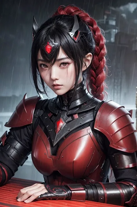 1 Japanese girl, War Armor, complex patterns, Heavy Metals, energy line, The Faceless, Glowing eyes, elegant, powerful, Blood red and black, Solitary, Modern, City, A City scape, dark clouds, thunderstorm, Heavy rain,, Dramatic Lighting,, (On the table:1.2...