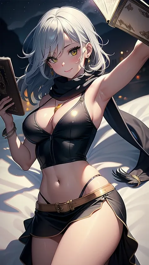 masterpiece, best quality, 1 solo girl, silver hair, yellow eyes, short hair, medium breasts, sexy body and face, wavy hair, smile, sleeveless shirt, scarf, black thigh-high, mini skirt, pendant, bracelet, jewelry, earrings, feather hair ornament, book, ly...