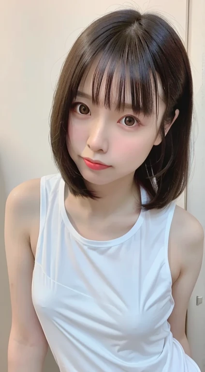 masterpiece,High resolution,high quality,Japanese women,Small and thin face,Perfect body,Erotic look,fine grain,Realistic,Bobcut,cute、Big Breasts、(A tank top that fits perfectly against your skin:1.3)