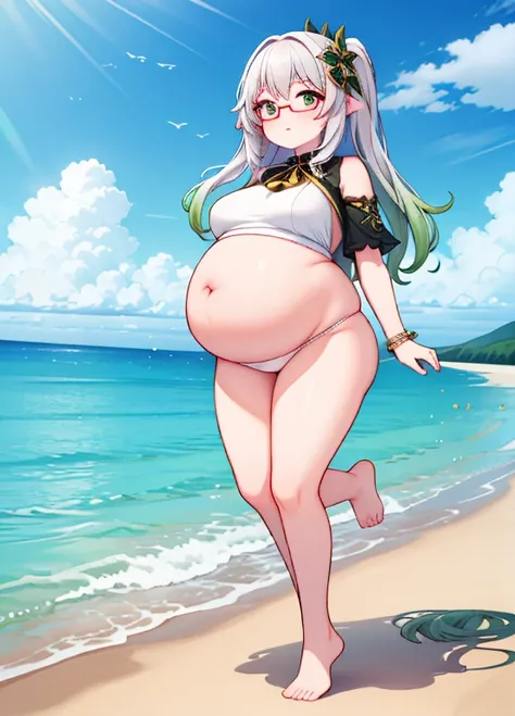 (Full body), An image of a pregnant girl using idol clothes that leave her belly on full display, shes wearing glasses