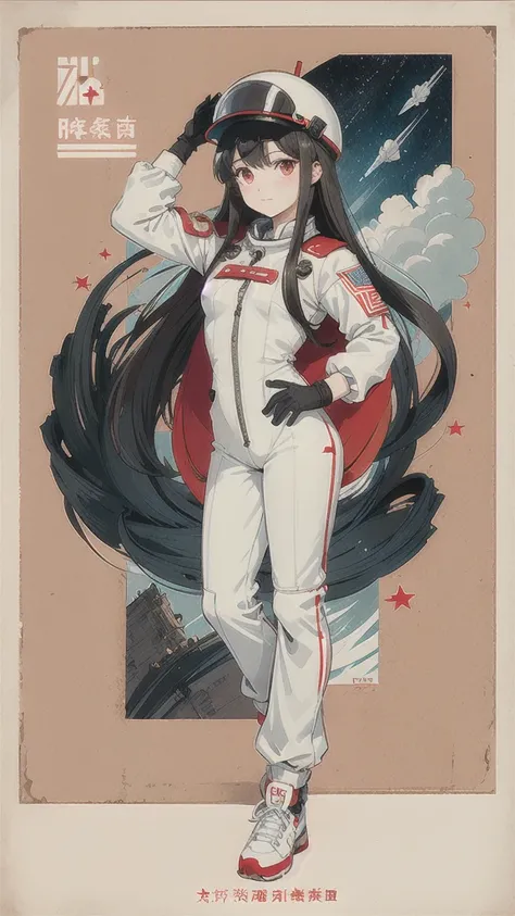 8k，1 Girl,flat_breast,Lovely,beautiful detailed Eye,shiny hair,visible through hair,hairs between Eye, CCCP poster, Soviet Unionposter,Red monochrome,Soviet Union poster, Soviet Union,communism,
Black_hair,Red_Eye,vampire,teenager,breast不好,Space suit:orang...