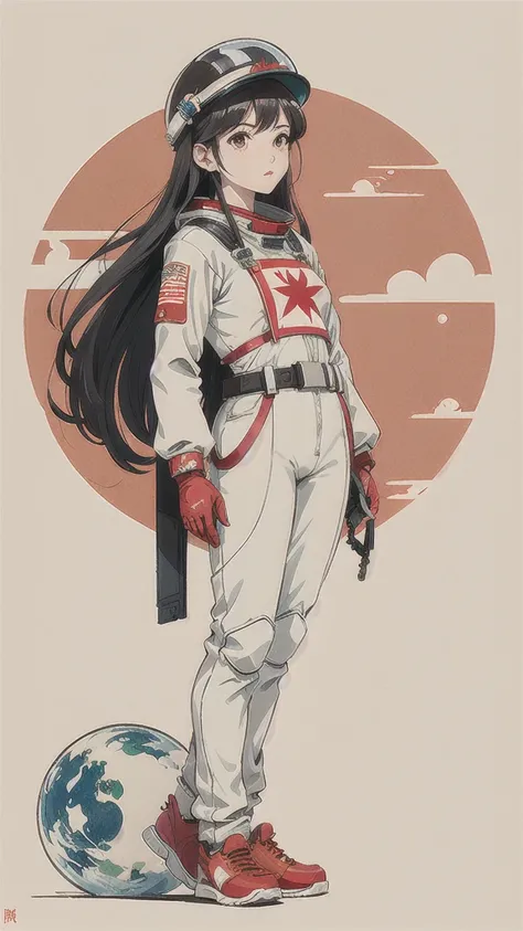 8k，1 Girl,flat_breast,Lovely,beautiful detailed Eye,shiny hair,visible through hair,hairs between Eye, CCCP poster, Soviet Unionposter,Red monochrome,Soviet Union poster, Soviet Union,communism,
Black_hair,Red_Eye,vampire,teenager,breast不好,Space suit:orang...