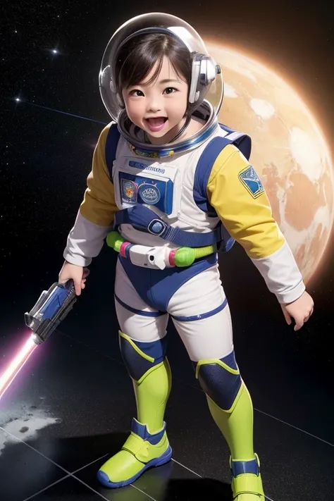 ((8K, RAW photos, top quality, masterpiece: 1.2)), (realistic, photorealistic: 1.37), iconic cartoon character, young and energetic, Space Ranger uniform, toy story, highly detailed textures, (space helmet: 1.2), (laser gun: 1.2), standing in a (vibrant, c...