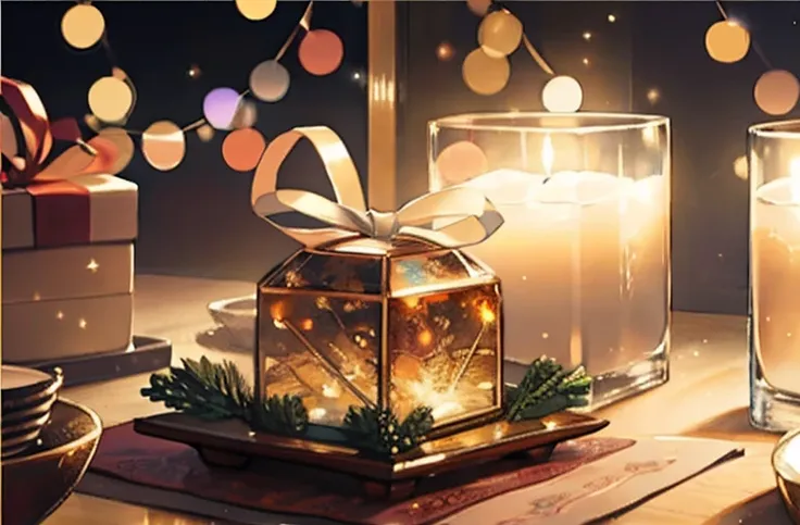 Masterpieces with up to 16K resolution:1.6), (Intricate details:1.4), (Very crazy details:1.4),(highest quality:1.3). | Realistic,gift,table,Decorations,wrapping ,ribbon,present,Holiday spirit,Vibrant colors,Warm lighting,Cozy atmosphere,toy,card,Joyful,ce...