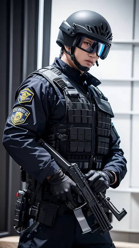 Police soldier man, swat vest, black gloves, swat helmet, ninja mask, grip assault ak74, man,