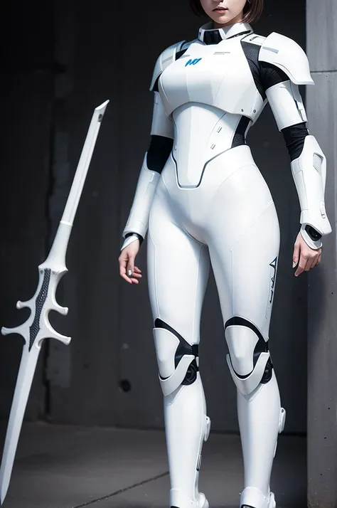 Woman in white holding a sword, Mecha iron white future armor clean modern simple elegant, Porcelain armor, Sci-fi female soldier