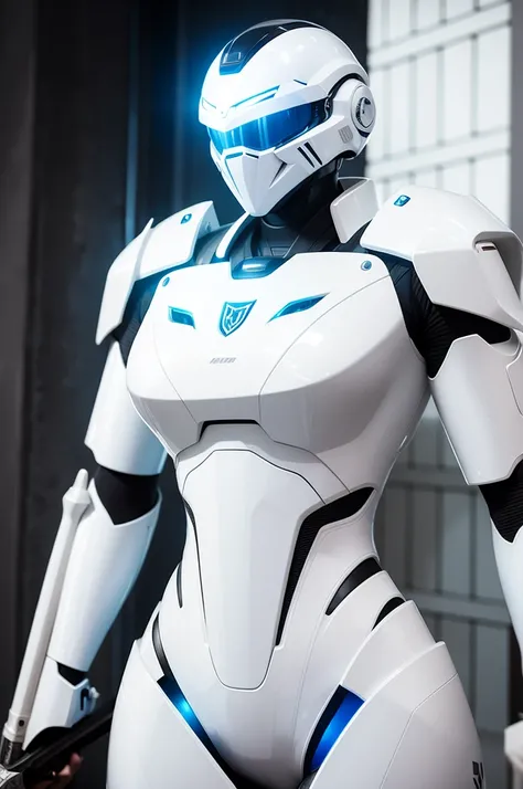 Woman in white holding a sword, Mecha iron white future armor clean modern simple elegant, Porcelain armor, Sci-fi female soldier