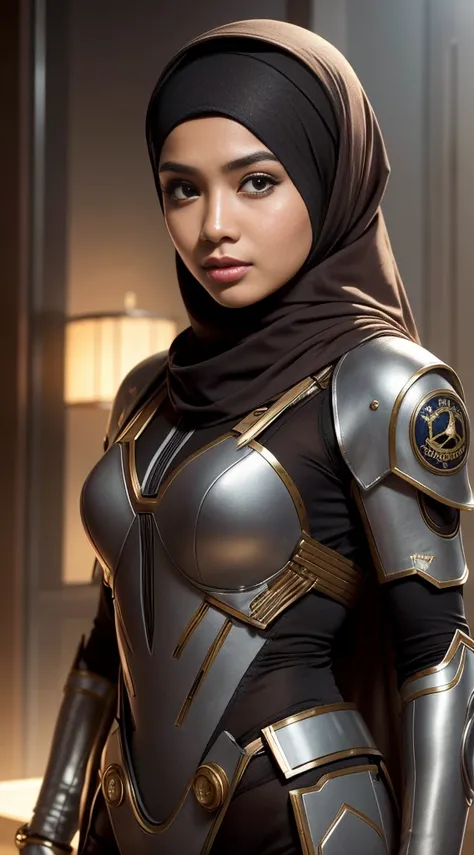 .Raw, best quality, high resolution, masterpiece: 1.3), Beautiful Malay woman with headscarf,masterpiece, best quality,8K, Brown eyes, Perfect eyes,Imagine a Malay girl wearing a headscarf in a futuristic command center., Strategically coordinate the actio...