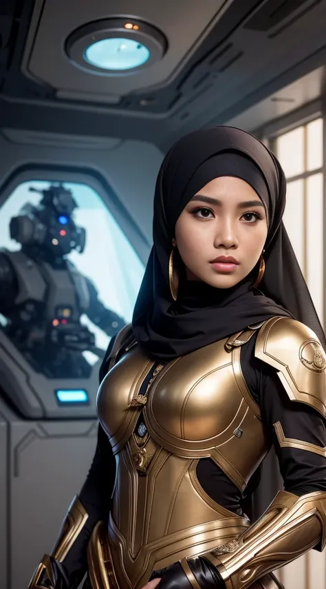 .Raw, best quality, high resolution, masterpiece: 1.3), Beautiful Malay woman with headscarf,masterpiece, best quality,8K, Brown eyes, Perfect eyes,Imagine a Malay girl wearing a headscarf in a futuristic command center., Strategically coordinate the actio...