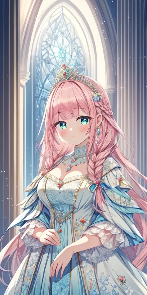 tmasterpiece，Highest high resolution，Beautiful bust of a royal lady，Delicate pink braided hair，Green clear eyes，The hair is covered with beautiful and delicate floral craftsmanship, Crystal jewelry filigree，Ultra-detailed details，upscaled。Soft lighting