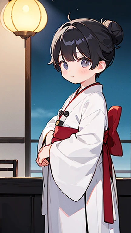 (Hanfu)、Intelligent boy、Looking into the camera、A boy with a topknot on his head、Hanfu、Black Hair、One hand on the hip、Stand with your other hand on your back