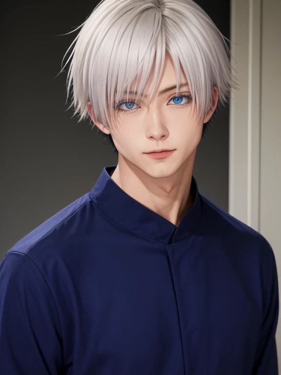 satoru gojo, white hair, blue eyes, asian male, black uniform, upperbody, ((high quality)), photo