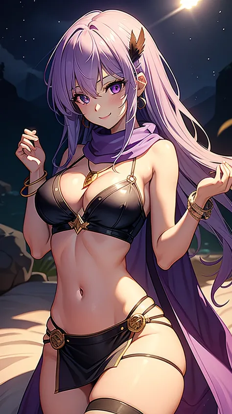 masterpiece, best quality, 1 solo girl, light purple hair, light purple eyes, long hair, medium breasts, sexy body and face, wavy hair, smile, sleeveless shirt, scarf, black thigh-high, mini skirt, pendant, bracelet, jewelry, earrings, feather hair ornamen...