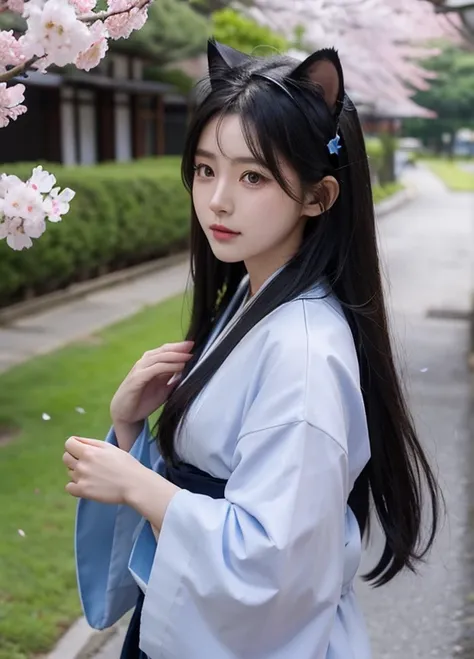 cat girl, Korean girl, 19 years old, beautiful girl, cat ears, long hair, black hair, white kimono, Blue Hakama, The wind is blowing, cherry blossom petals falling