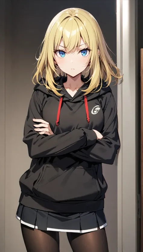 Handsome, Bad-tempered glare, crossed arms, 1 woman, medium hair, blonde hair, blue eyes, hoodie, mini skirt, black tights