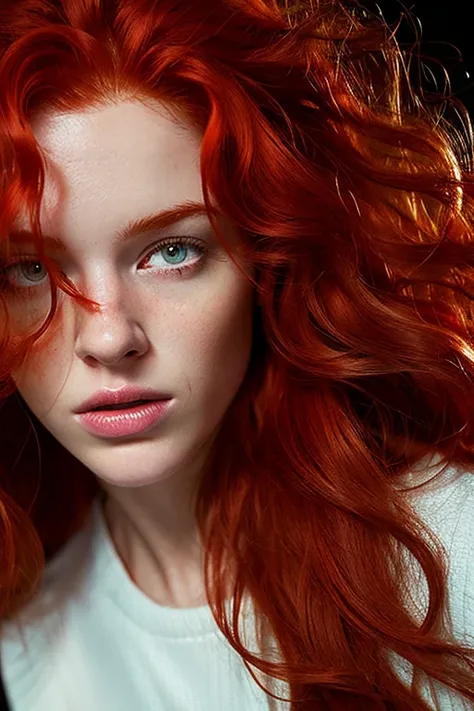 arafed woman with red hair, digital art by irakli nadar, tumblr, digital art, sadie sink, redhead girl, malcom liepke, hyper realistic film photography,
