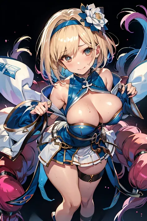 
Japanese clothing,White headband,Blue half-coat,Take off one skin,White loincloth,Gold ring on thigh,Blue and white shimenawa rope around the waist,Thick-soled black sandals,High resolution,Sharp focus,(Super detailed,Very detailed),(Very detailed CG unit...