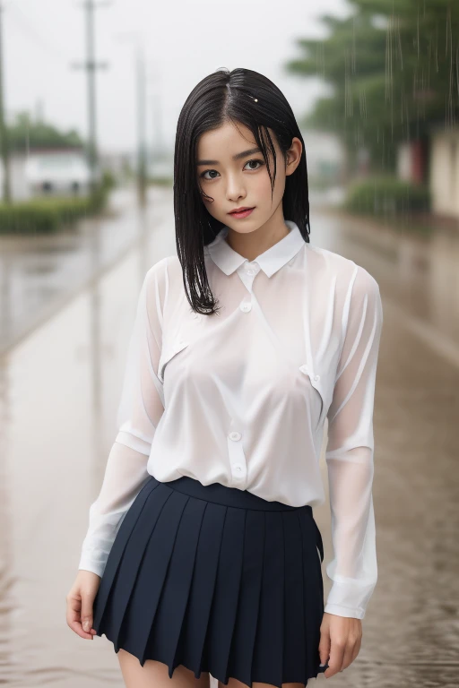 ((Rain-soaked hair))、((Rain-soaked skin))、(I can see her boobs)、 ((masterpiece))、(highest quality) )、(High resolution)、Very detailed RAW カラー写真、Very detailed、Realistic、Realistic、Unbelievably absurd、Very detailed、Sharp focus、Slim waist, 1 girl, Super cute sc...