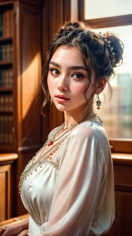 ((best quality)), ((masterpiece)), (detailed), a perfect face goddess in an oversized dress walk in the library, necklace, earri...