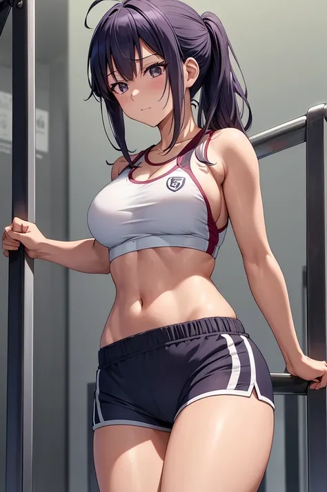 Generate a high-quality, 8k image of Hinata Hyuga from Naruto Shippuden, portraying her in a modern gym outfit. Hinata should be depicted wearing gym shorts and a knotted shirt, akin to the previously described outfit. Emphasize Hinatas distinct features, ...