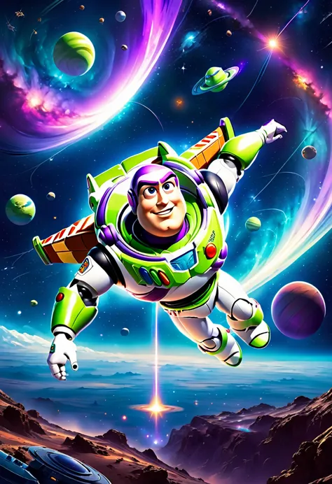 cute buzz lightyear dynamic flight background universe space cartoon style poster artwork stunning artwork detailed high quality