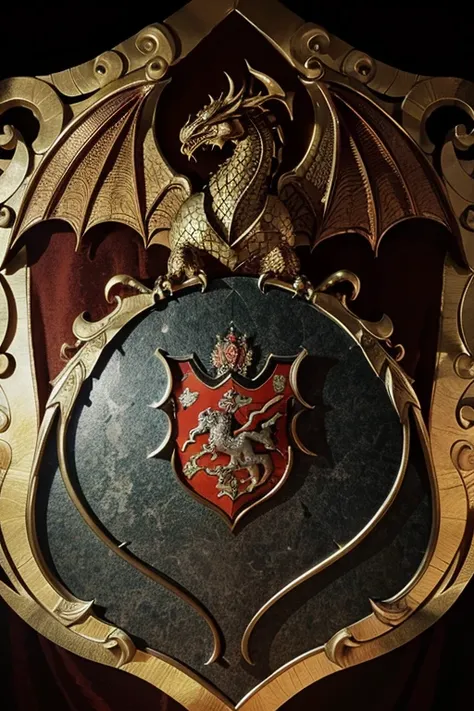 In the center of the coat of arms, a majestic dragon stands in all its glory, its wings outstretched to the sides, and its tail snaking around itself. The dragon stands in an imposing stance, with flaming eyes and shiny scales that reflect the light. Betwe...