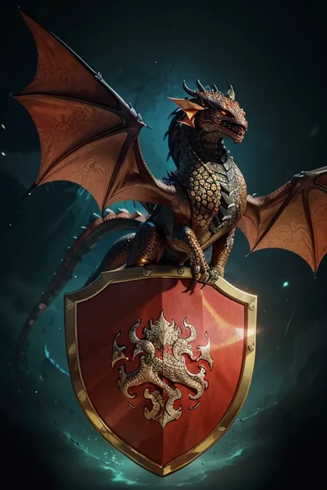 In the center of the coat of arms, a majestic dragon stands in all its glory, its wings outstretched to the sides, and its tail snaking around itself. The dragon stands in an imposing stance, with flaming eyes and shiny scales that reflect the light. Betwe...