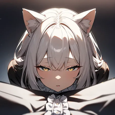 1girl,pov,all fours,Cat ear,Slit pupil,masterpiece,best quality, very aesthetic,absurdres,highlight,center frills,cat ear,medium shot,looking at viewer,half closed eyes,front view,Parted lips,kiss,Dutch angle,straight-on,White hair,arms,imminent kiss