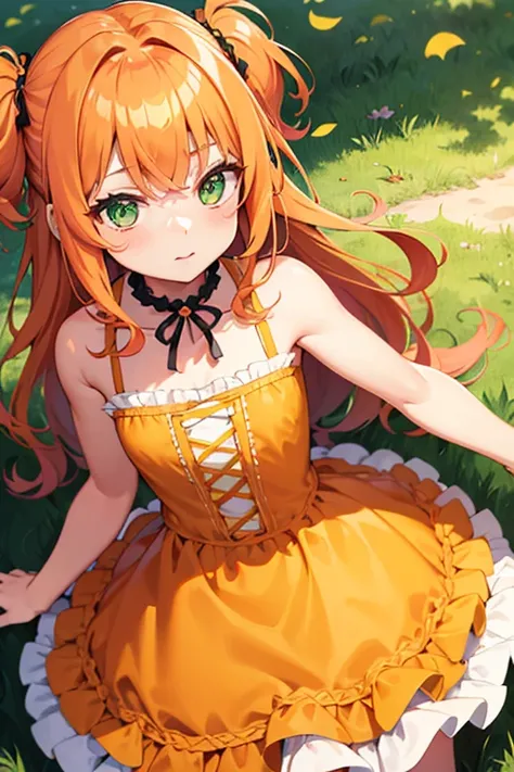 Girl, small, flat chest, orange hair, orange twirly hair, wavy hair, green eyes, light skin, {lolita frilly dress}, cute