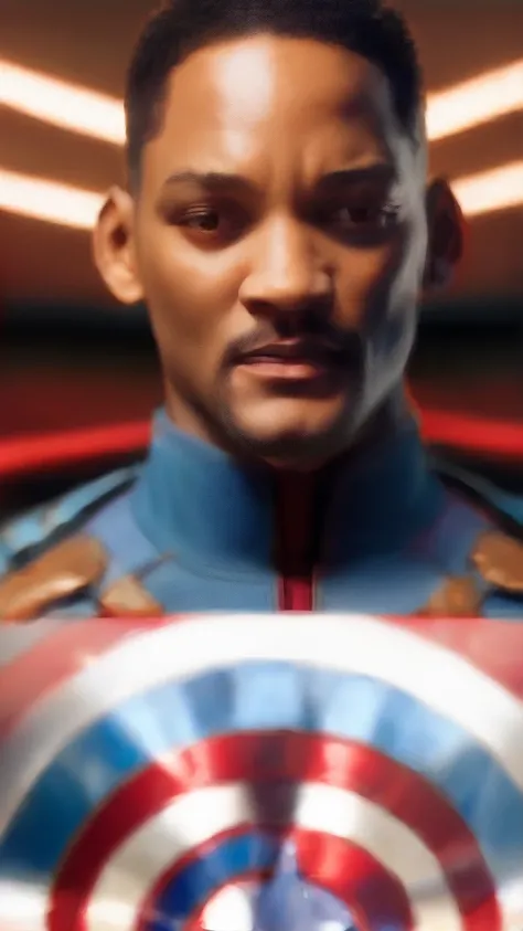 . .Tarantino style Will Smith as Captain America 8k, high definition, detailed face, detailed face, detailed eyes, detailed suit, in style of marvel and dc, hyper-realistic, + cinematic shot + dynamic composition, incredibly detailed, sharpen, details + su...