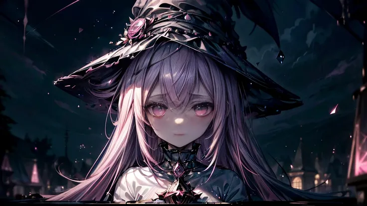 (Artwork,Better Quality,Ultra-detailed),1 girl,Pink Hair,pink witch hat,(Pale skin),pink witch costume,Beautifully detailed face, Fine grain,Watching the audience,Small box,((Gray Theme),((depression, sadness, melancholic)),Tired look,sad,Starry Sky , 32k,...