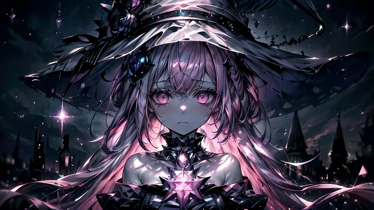 (Artwork,Better Quality,Ultra-detailed),1 girl,Pink Hair,pink witch hat,(Pale skin),pink witch costume,Beautifully detailed face, Fine grain,Watching the audience,Small box,((Gray Theme),((depression, sadness, melancholic)),Tired look,sad,Starry Sky , 32k,...