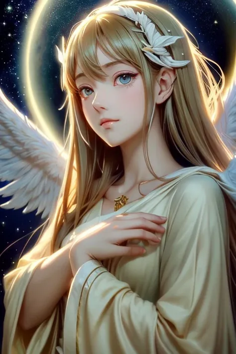 Anime Style, (Surrealist:1.2), beautiful, Master Parts, highest quality, Highly detailed face, Perfect lighting, Nice hands, Perfect Arms, An angel shining with a sacred and heavenly splendor, (Heavenly Being:1.2), (Calm expression), (Majestic Wings), (Mys...