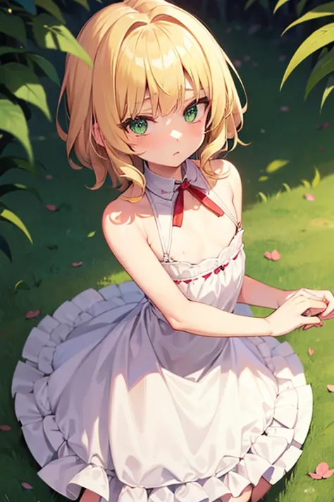 Girl, small, flat chest, blonde twirly hair, medium hair, green eyes, light skin, red maid dress