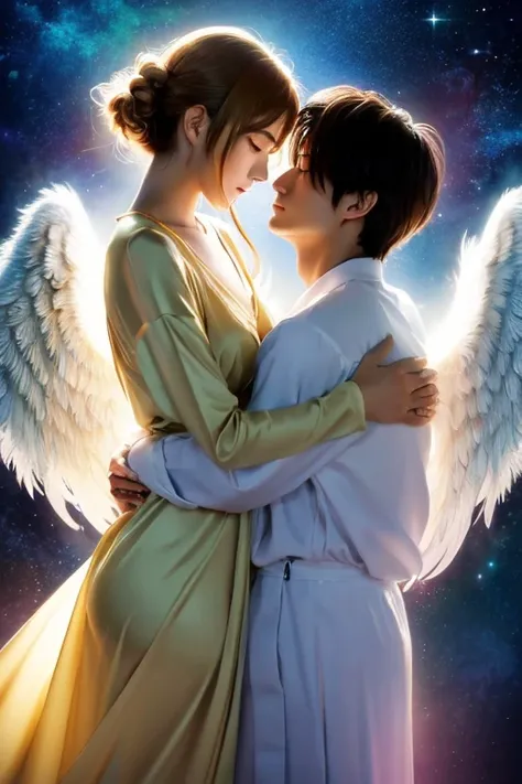 Anime Style,Two people embracing each other、(Surrealist:1.2), beautiful, Master Parts, highest quality, Highly detailed face, Perfect lighting, Nice hands, Perfect Arms, An angel shining with a sacred and heavenly splendor, (Heavenly Being:1.2), (Calm expr...