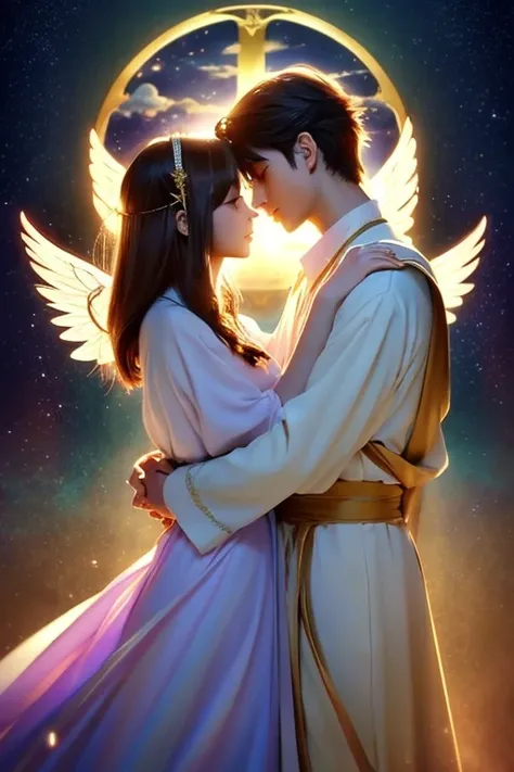 Anime Style,Two people embracing each other、(Surrealist:1.2), beautiful, Master Parts, highest quality, Highly detailed face, Perfect lighting, Nice hands, Perfect Arms, An angel shining with a sacred and heavenly splendor, (Heavenly Being:1.2), (Calm expr...