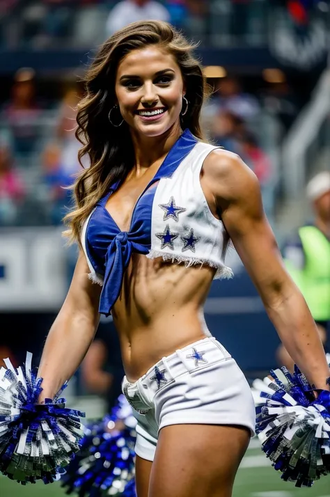 dallas_cowboys_cheerleaders, 1girl, alex morgan, solo, shorts, midriff, short shorts, navel, white shorts, tied shirt, front-tie...