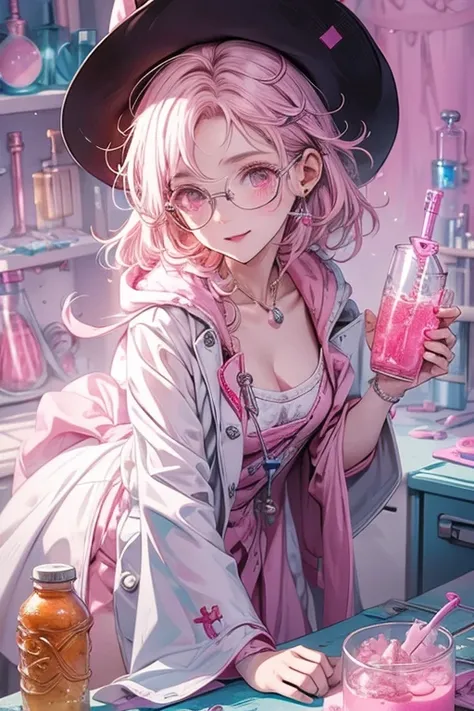 1lady,solo,cute,white coat,cleavage,scientist,witch,make a medicine,in labo,experiment,chemical,messy room,around beaker,around testtube,pink water