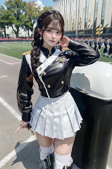 A girl dressed as a drum major with a marching band in the background,Skin-tight leather marching outfit、 A short pleated skirt that exposes your butt、White braided boots、Highly detailed official artwork, 4K Konachan Wallpaper, Kschaert Krentz Key Art Femi...