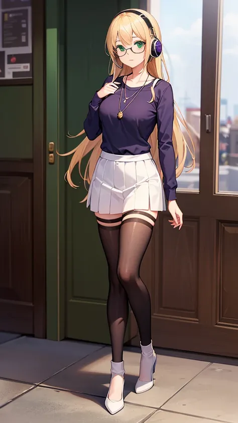 ((Full body, best quality, highly detailed)) 1girl, blonde, long hair, green eyes, medium breasts, glasses, casual clothes, purple shirt, white skirt, thighhighs, pendant, shes listening music with headphones