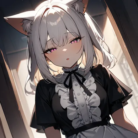 1girl,Cat ear,Slit pupil,masterpiece,best quality, very aesthetic,absurdres,highlight,center frills,cat ear,medium shot,looking at viewer,half closed eyes,front view,Parted lips,kiss,Dutch angle,straight-on,White hair,arms,imminent kiss