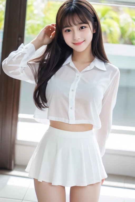 highest quality　((Real beautiful girl))　17 Talented Girl　(Cute face)　Idol　Baby Face　clear　White blouse　bottomless　White panties　uniform　Skirt flip　Beautiful Skin　whole body　Small breasts　Short　smile　Slim figure　