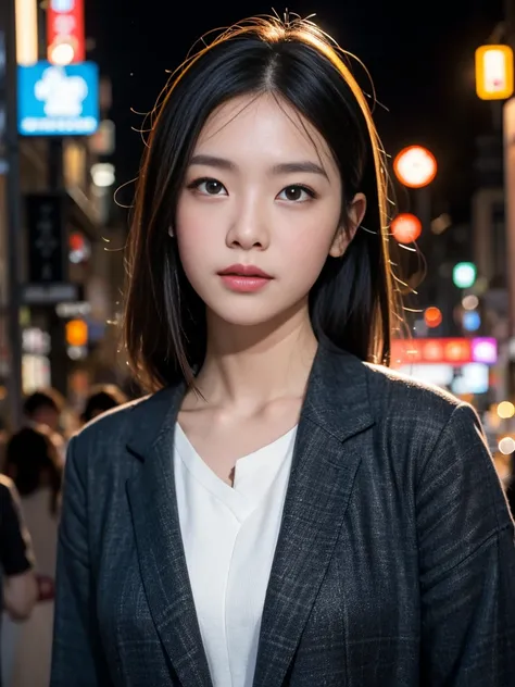 1 girl, Tokyo streets,night, city View,city lights, Upper body,close up, 8k, original photo, best quality, masterpiece,actual, photo-actual,