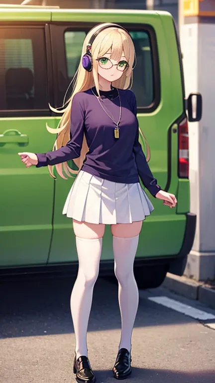 ((Full body, best quality, highly detailed)) 1girl, blonde, long hair, green eyes, medium breasts, glasses, casual clothes, purple shirt, white skirt, thighhighs, pendant, shes listening music with headphones