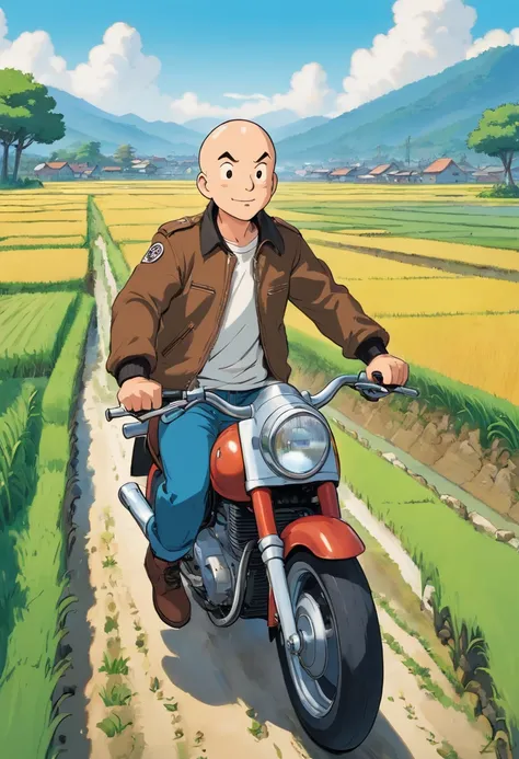 A round face chubby bald 50 years old male wearing brown bomber jacket with white t-shirt and black denim pants riding motorcycle, rice paddy fields background, Tintin, herge, european comics