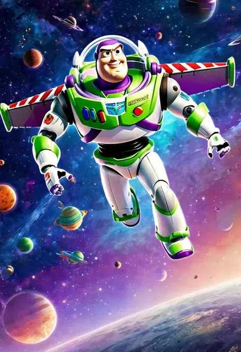 lovely buzz lightyear(anatomically correct) dynamic flight background universe space cartoon style poster artwork stunning artwo...