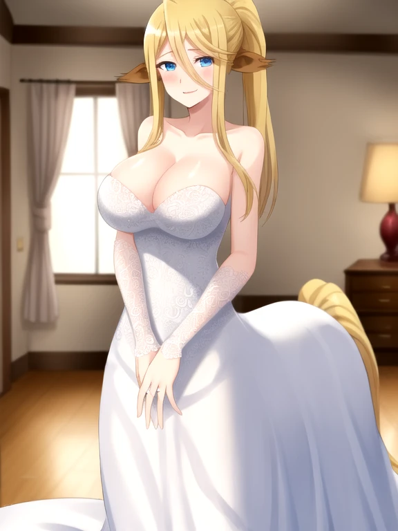 Centaur, long hair, blonde hair, blue eyes, cleavage, wedding dress, bedroom, looking at viewer, happy,